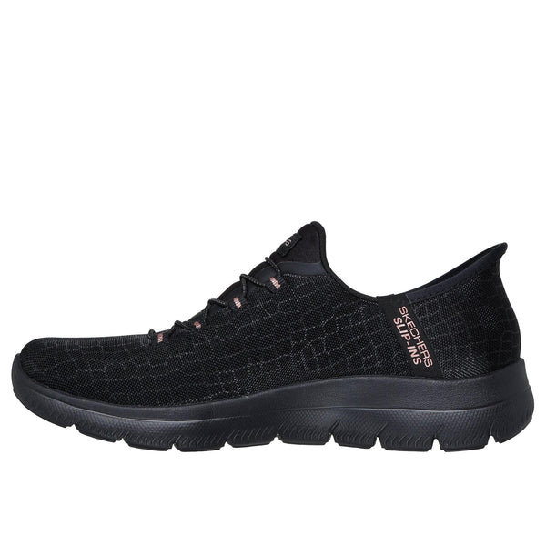Skechers 150128 Summits-Classy Night Hands Free Ladies Black Gold Textile Vegan Slip On Trainers