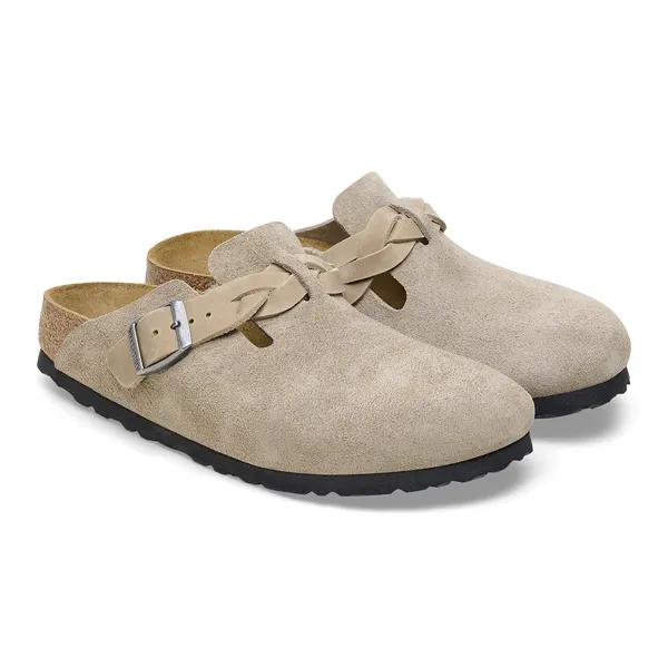 Birkenstock Boston Braided Ladies Taupe Suede Arch Support Buckle Mules