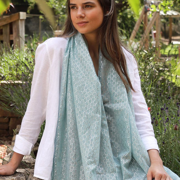 POM 100% Recycled Mint and Metallic Silver Dotty Print Scarf