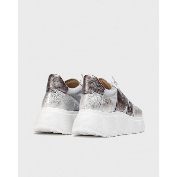 Wonders A-3622 Ladies Silver Leather & Textile Lace Up Trainers