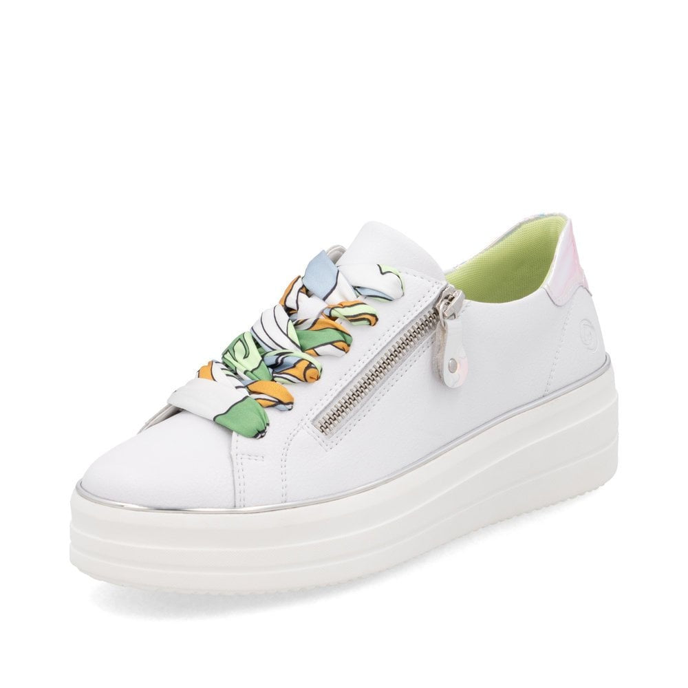 Remonte D1C06-80 Ladies Wide White Leather Side Zip Trainers