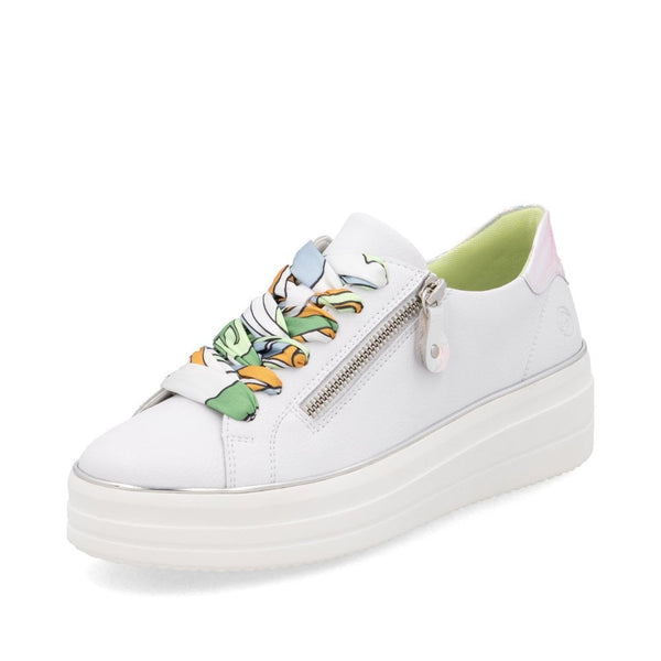 Remonte D1C06-80 Ladies Wide White Leather Side Zip Trainers