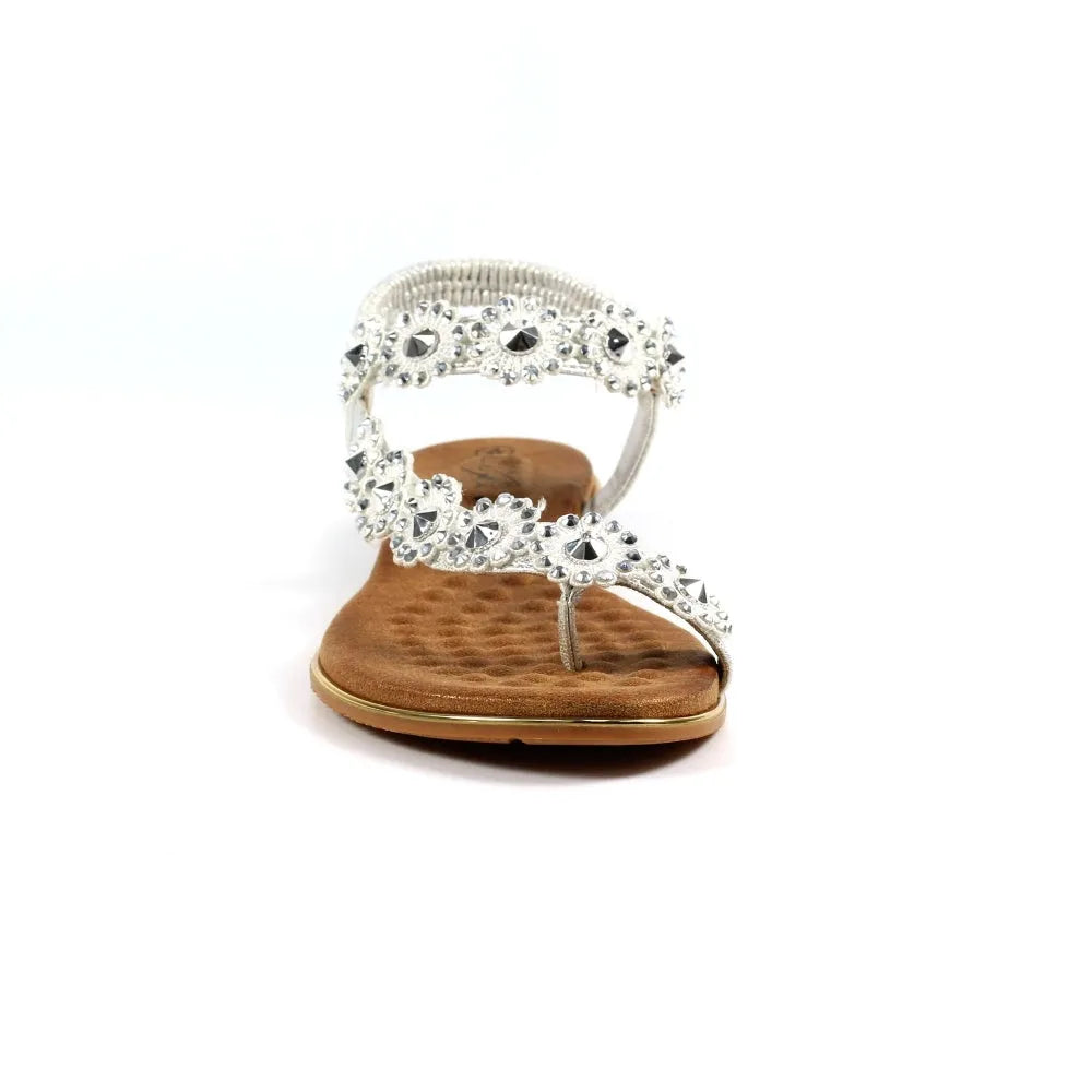 Lunar JLH455 Charlotte II women's silver elasticated sandal with embellished rhinestones and tan cushioned sole.