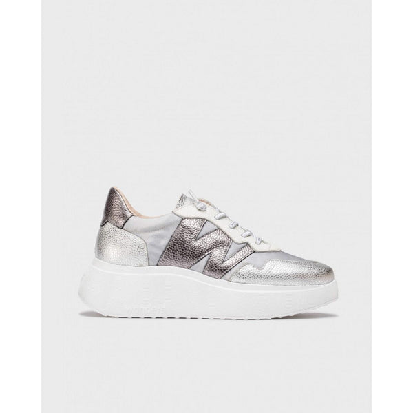Wonders A-3622 Ladies Silver Leather & Textile Lace Up Trainers