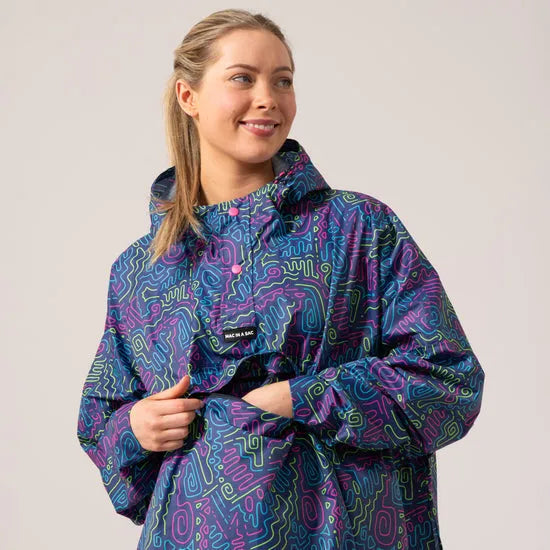 Unisex festival poncho with neon jazz abstract pattern, waterproof design, adjustable hood, perfect for outdoor events.