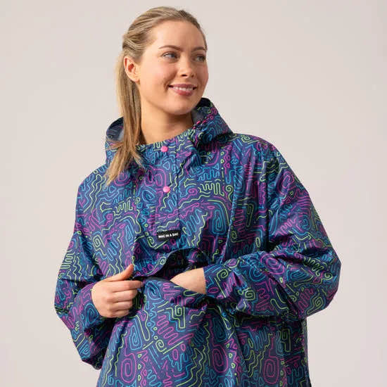 Unisex festival poncho with neon jazz abstract pattern, waterproof design, adjustable hood, perfect for outdoor events.