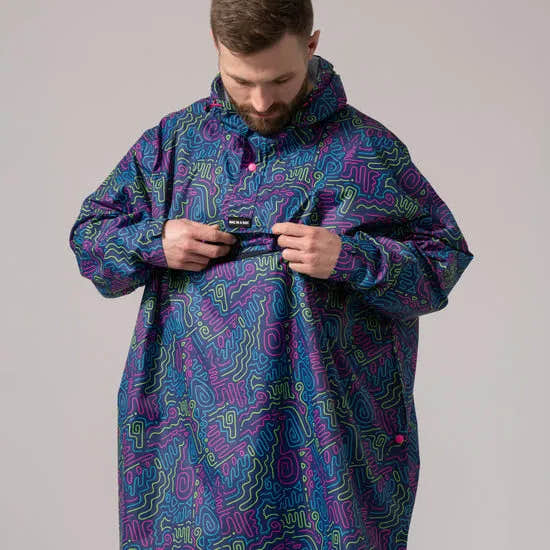 Unisex festival poncho with neon jazz abstract pattern, hood, and waterproof design. Perfect for outdoor music events and rainy days.