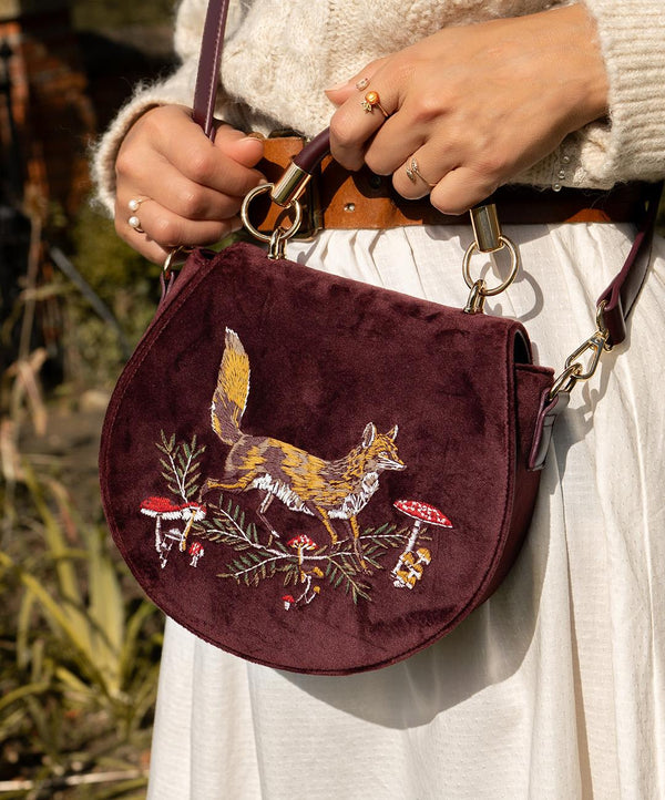 Fable Fox & Mushroom Embroidered Saddle Bag - Redcurrant Velvet