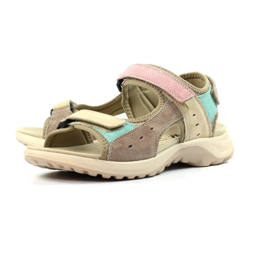 Lunar JLR001 Lazy Dogz Alston Ladies multi leather touch fastening sandals with cushioned sole and pastel color accents.