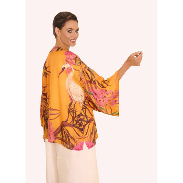 Powder Oriental Crane  Kimono Jacket - Ochre