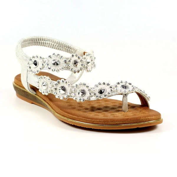 Lunar JLH455 Charlotte II women's silver elasticated sandal with floral rhinestone embellishments and cushioned footbed.