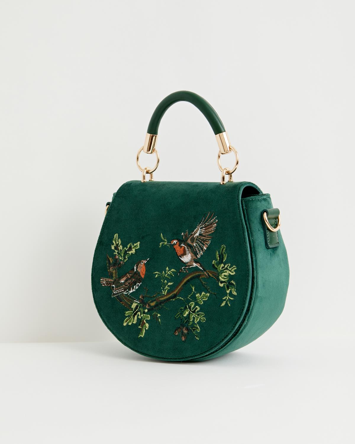Fable Robin Love Embroidered Saddle Bag Fern Green Velvet