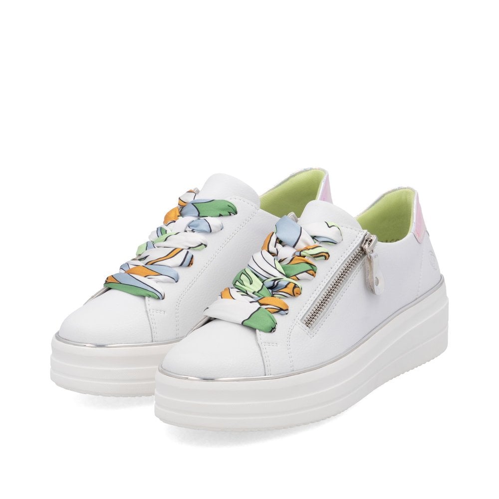 Remonte D1C06-80 Ladies Wide White Leather Side Zip Trainers