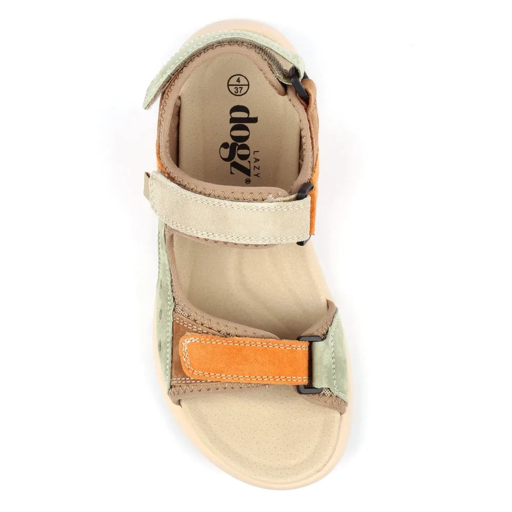 Lunar JLR001 Lazy Dogz Alston Ladies Orange/Multi Leather Touch Fastening Sandals, with adjustable straps and cushioned sole.