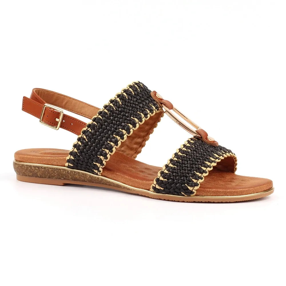Lunar JLH587 Jules Ladies Black Buckle Sandals with woven straps, tan back strap, and cork sole.