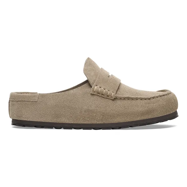 Unisex Taupe suede Birkenstock Naples wrapped slip-on shoes with arch support, moc toe design, and black rubber sole.