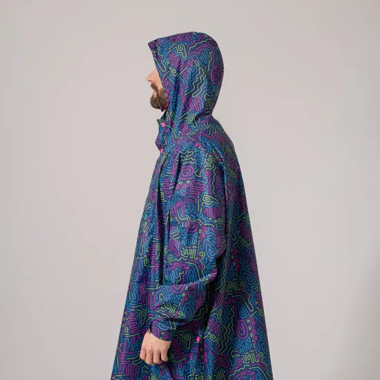Unisex festival poncho with neon jazz abstract pattern, hood, oversized fit, breathable waterproof fabric, stylish party raincoat.
