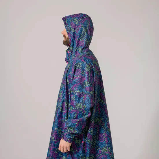 Unisex festival poncho with neon jazz abstract pattern, hood, oversized fit, breathable waterproof fabric, stylish party raincoat.