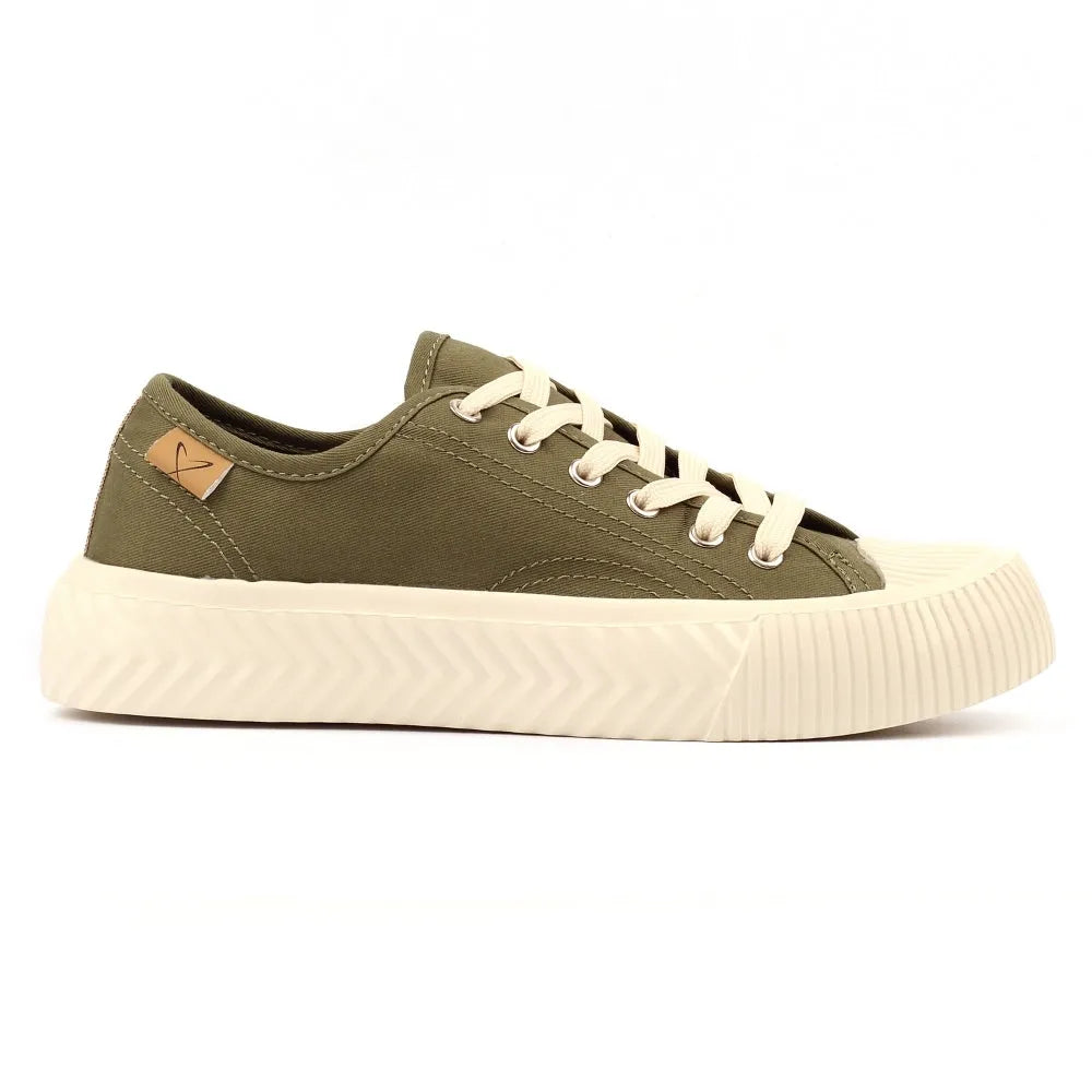 Lunar DLA009 Jayne III women's khaki lace-up trainers with thick off-white rubber soles and beige laces.