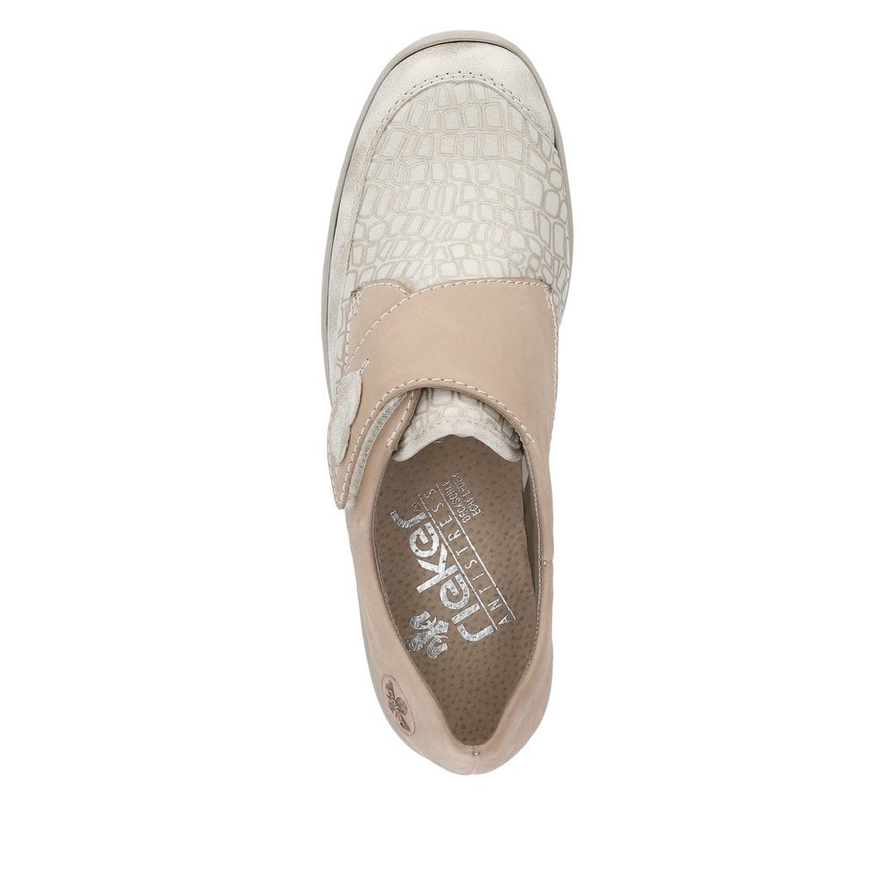 Rieker 487C0-60 Ladies Narrow Beige Leather & Textile Touch Fastening Shoes