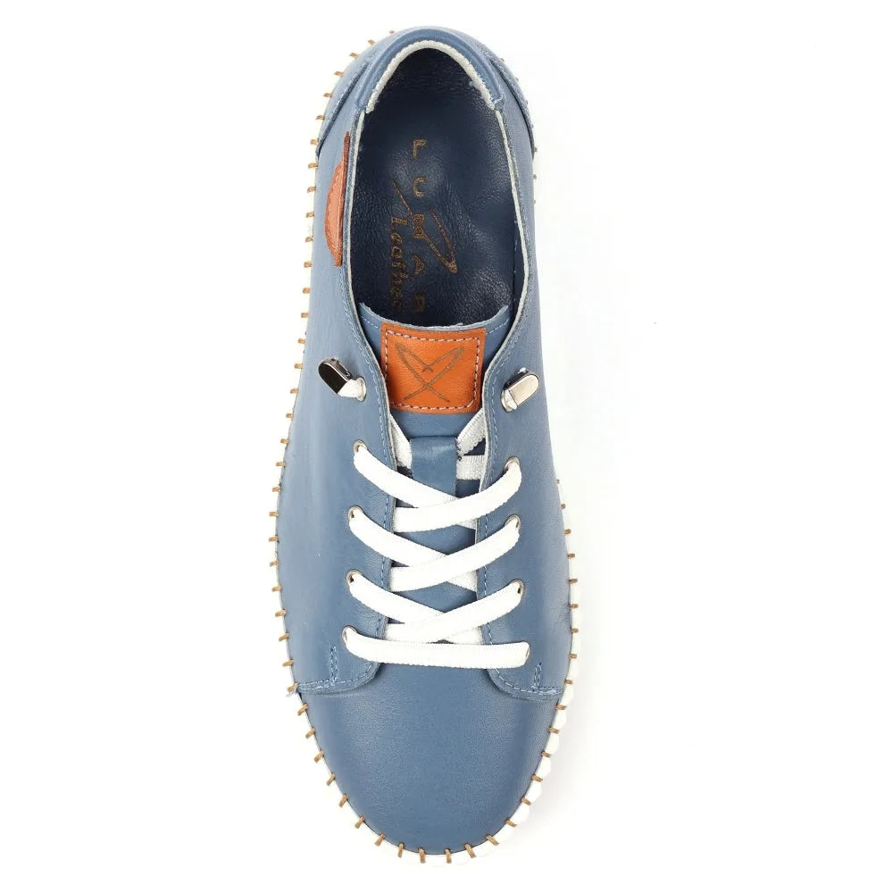Lunar FLE057 Faith Ladies Mid Blue Leather Lace-Up Shoes with White laces and contrasting orange detail.