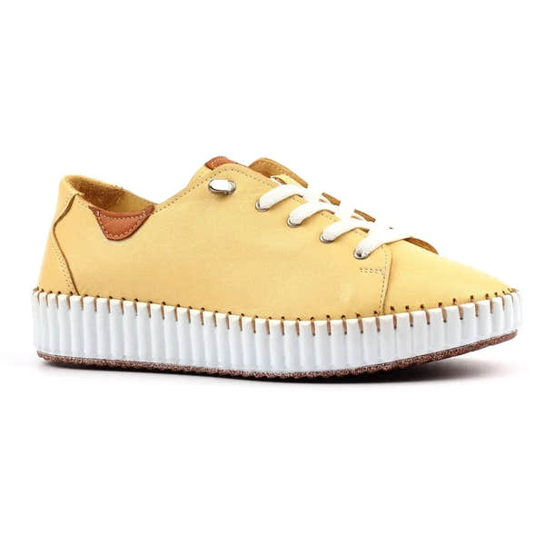 Lunar FLE057 Faith Ladies Lemon Leather Lace-Up Shoes with white rubber sole and brown accents.