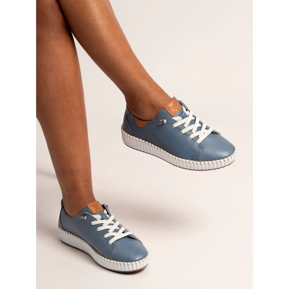 Lunar FLE057 Faith ladies' mid-blue leather lace-up shoes with white soles and brown accents.