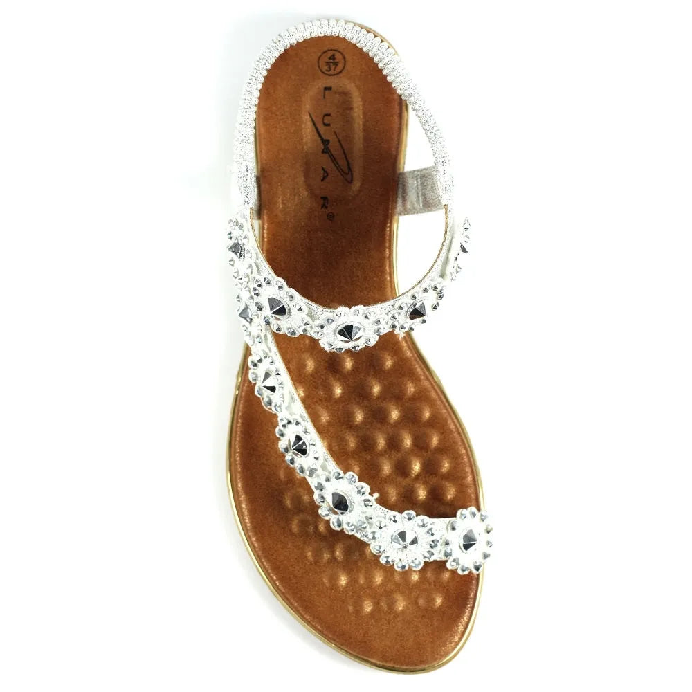 Lunar JLH455 Charlotte II Ladies Silver Elasticated Sandals with rhinestone embellishments and cushioned footbed.