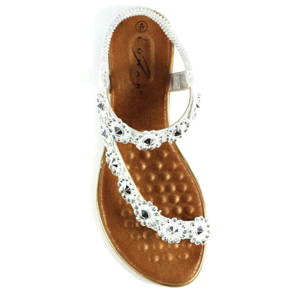 Lunar JLH455 Charlotte II Ladies Silver Elasticated Sandals with rhinestone embellishments and cushioned footbed.