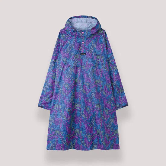 Unisex festival poncho with neon jazz-inspired abstract pattern, waterproof fabric, hood, and vibrant color options.