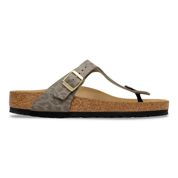 Birkenstock Gizeh Ladies Leo Grey Taupe synthetic toe-post sandals with buckle and arch support.
