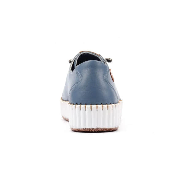 Lunar FLE057 Faith Ladies Mid Blue Leather Lace-Up Shoes with Chunky White Sole.