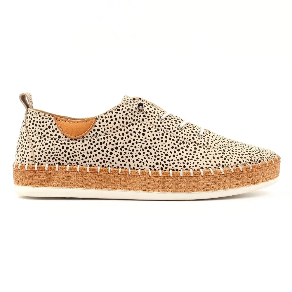 Lunar FLE056 Evette women's animal print leather lace-up shoes with elasticated sides and textured sole.