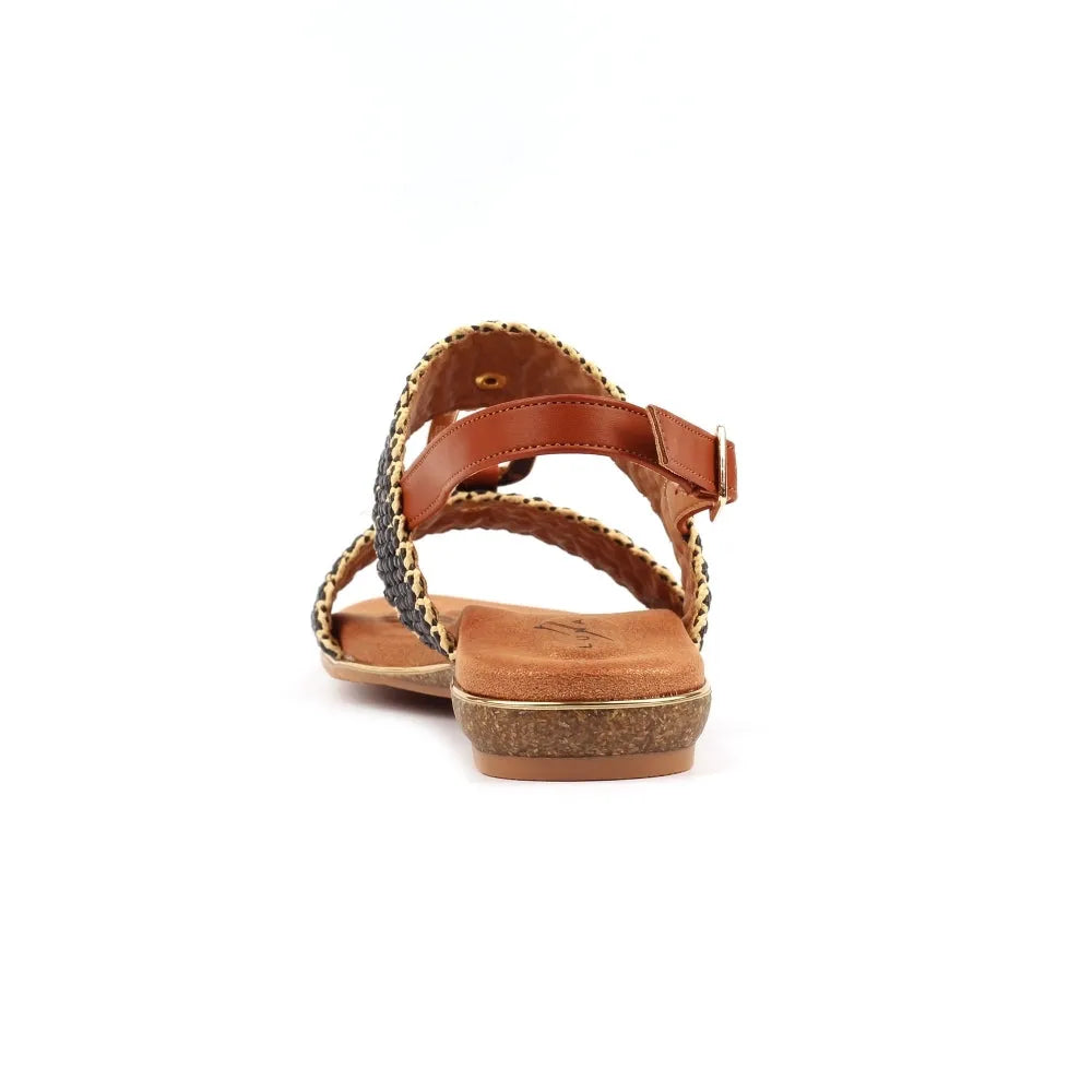 Lunar JLH587 Jules Ladies Black Buckle Sandals with woven straps and low heel, perfect for summer or casual wear.