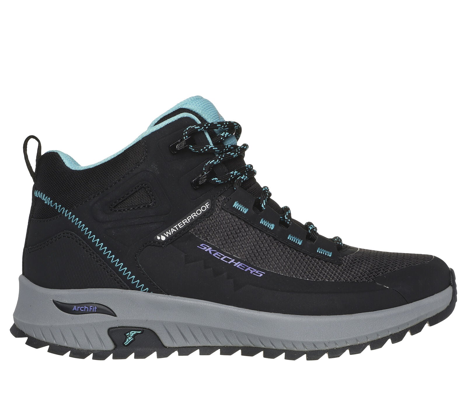 Skechers 180086 Arch-Fit Discover Elevation Ladies Black & Blue Leather & Textile Waterproof Arch Support Lace Up Ankle Boots