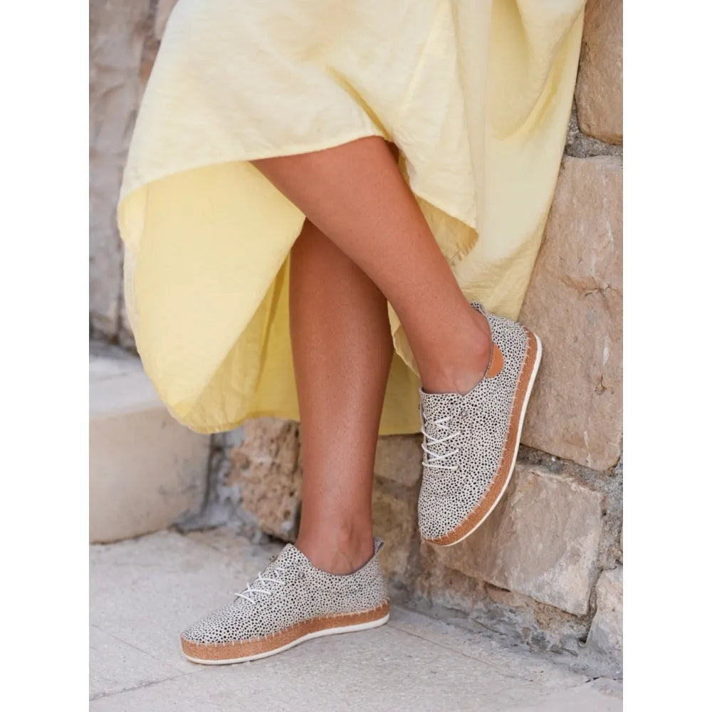 Lunar FLE056 Evette Ladies Animal Print Leather Elasticated Shoes with perforated design and tan soles.
