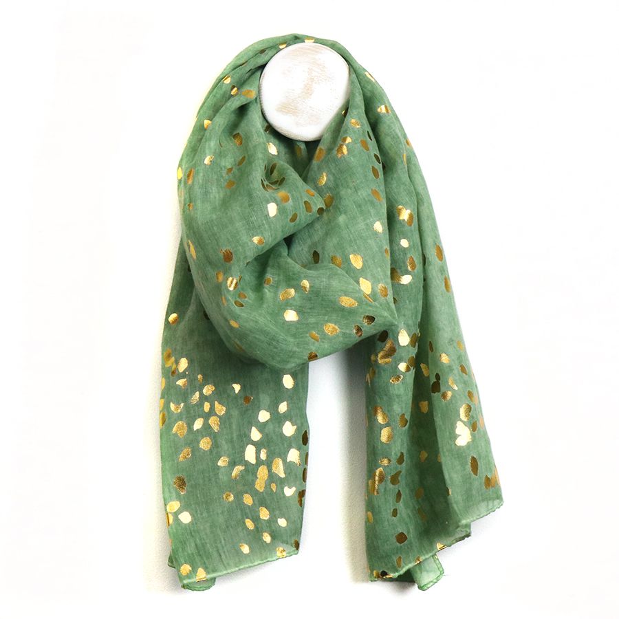 POM 100% Recycled Green and Metallic Gold Large Speckled Print Scarf