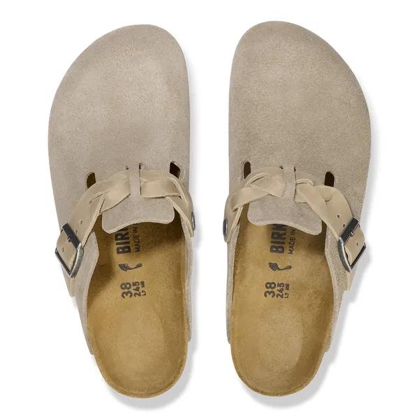Birkenstock Boston Braided Ladies Taupe Suede Arch Support Buckle Mules