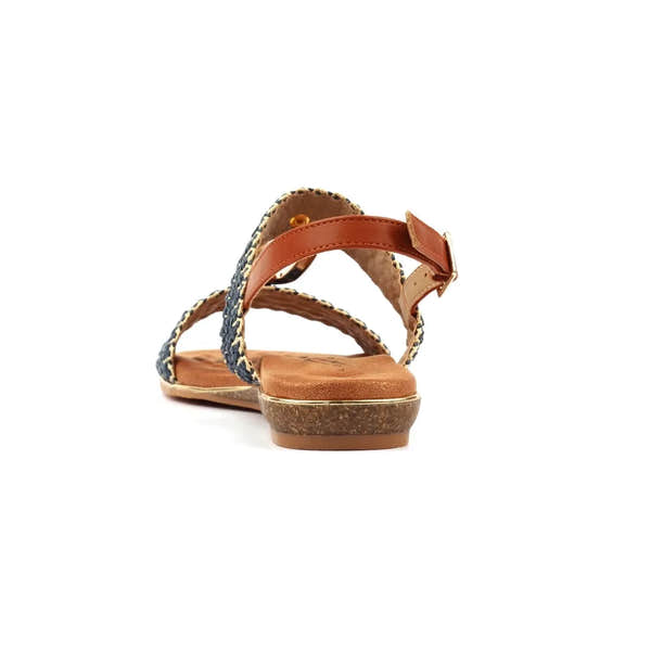 Lunar JLH587 Jules Ladies Navy Buckle Sandals with brown leather straps and woven navy fabric details.