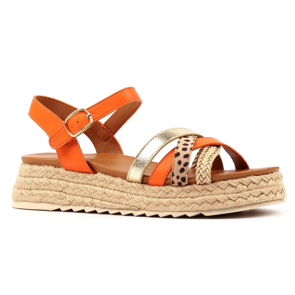 Lunar JLH607 Flick Ladies Orange Buckle Sandals with multicolored straps and woven raffia platform sole.