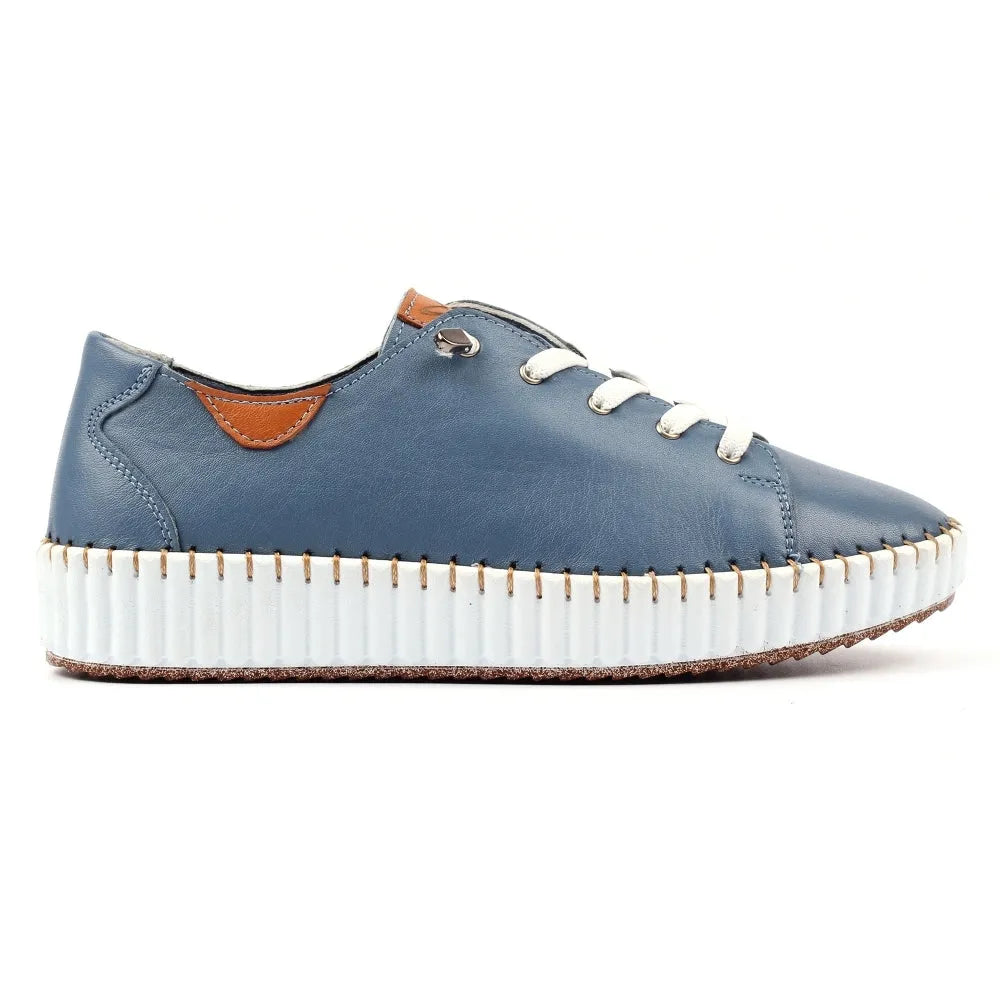 Lunar FLE057 Faith Ladies Mid Blue Leather Lace-Up Shoes with white sole and brown accents.