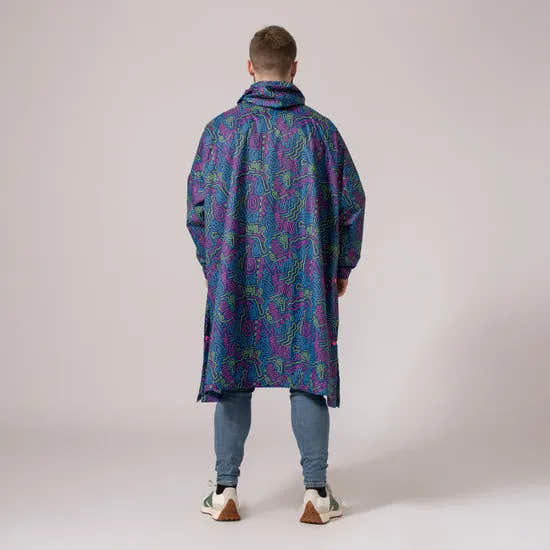 Unisex neon jazz festival poncho with abstract colorful pattern, oversized fit, and rain-resistant fabric, perfect for outdoor events.