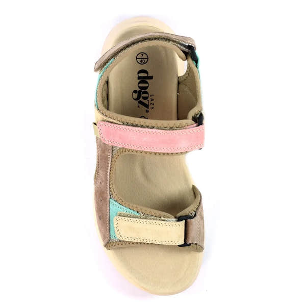 Lunar JLR001 Lazy Dogz Alston Ladies Multi Leather Touch Fastening Sandals, beige with pink, blue, and black accents.