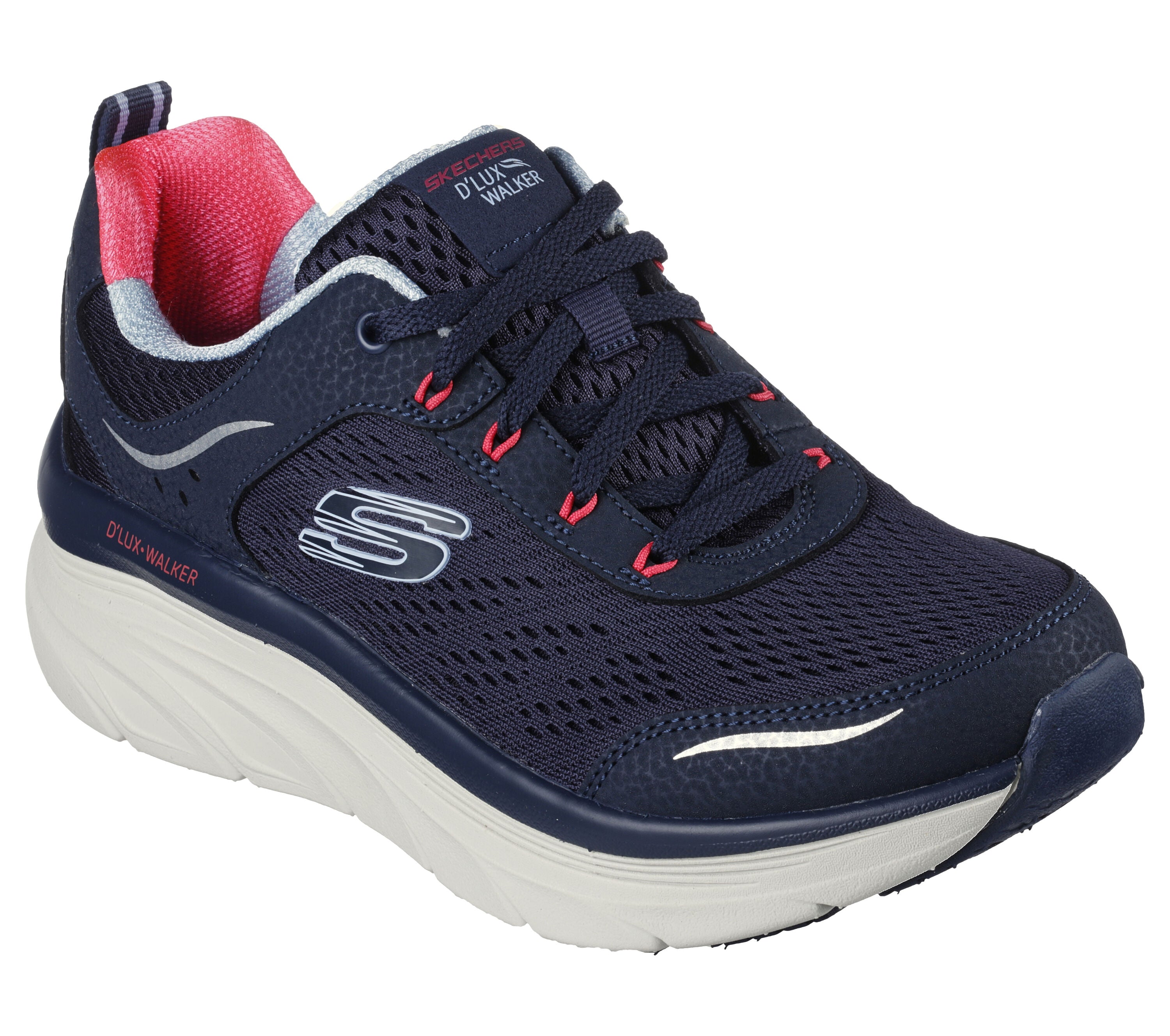 Skechers 149023 D'lux Walker-Infinite Motion Ladies Navy & Coral Leather & Textile Lace Up Trainers