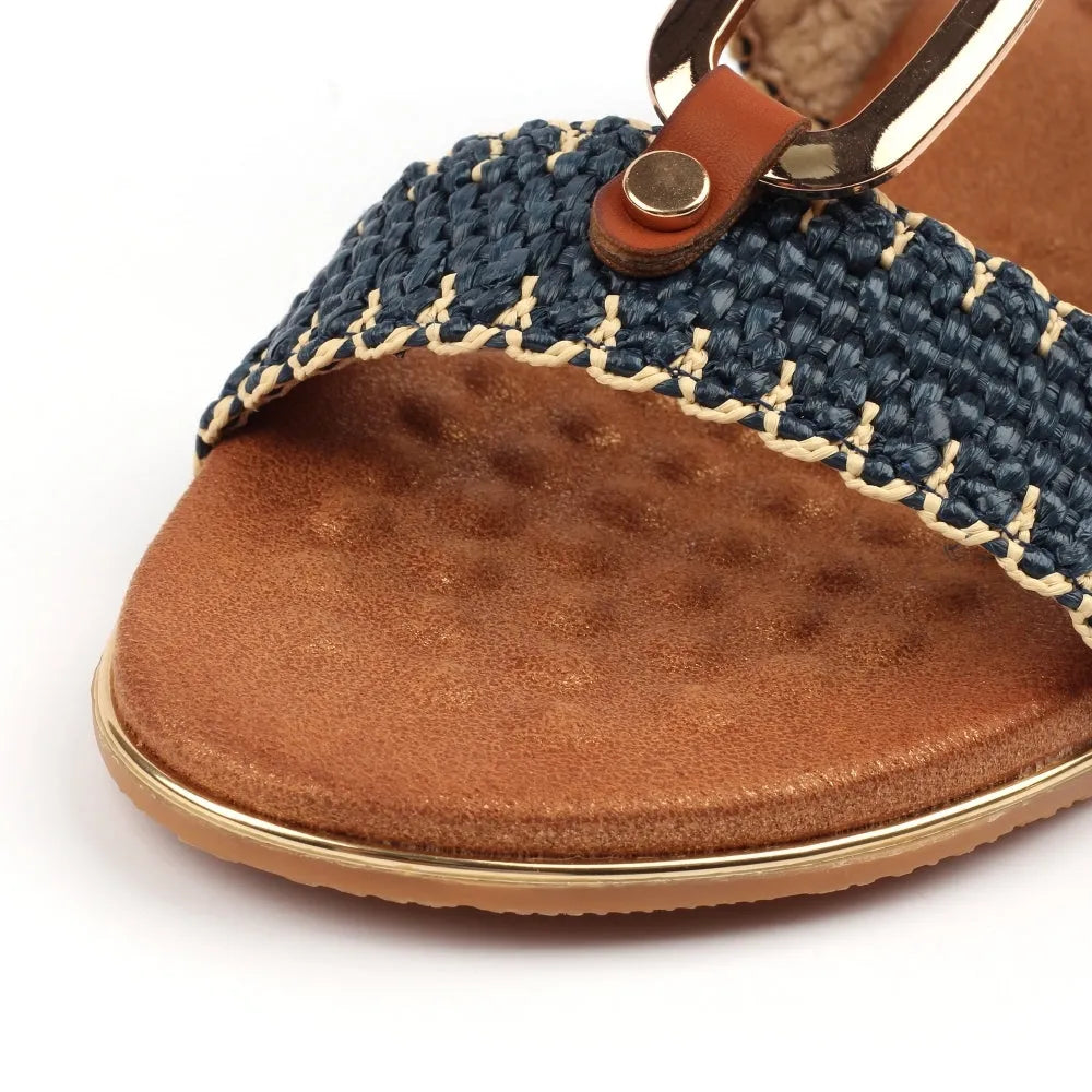 Lunar JLH587 Jules Ladies Navy Buckle Sandals with woven navy strap, leather footbed, and metal buckle detail.