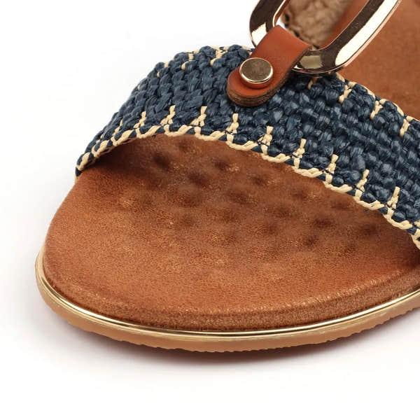 Lunar JLH587 Jules Ladies Navy Buckle Sandals with woven navy strap, leather footbed, and metal buckle detail.