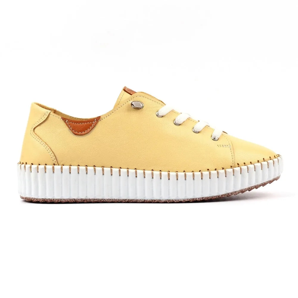 Lunar FLE057 Faith Ladies Lemon Leather Lace-Up Shoes with stitched white sole and brown accents, casual slip-on sneaker style.