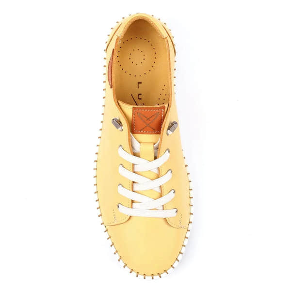 Lunar FLE057 Faith Ladies Lemon Leather Lace-Up Shoes, casual footwear with yellow leather upper and white laces.