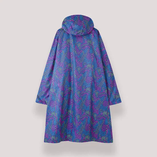 Unisex neon festival poncho with abstract, colorful psychedelic pattern, hooded design, and oversized fit.