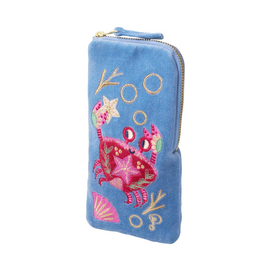 Powder Seafaring Crab Velvet Sunglasses Pouch - Cornflower